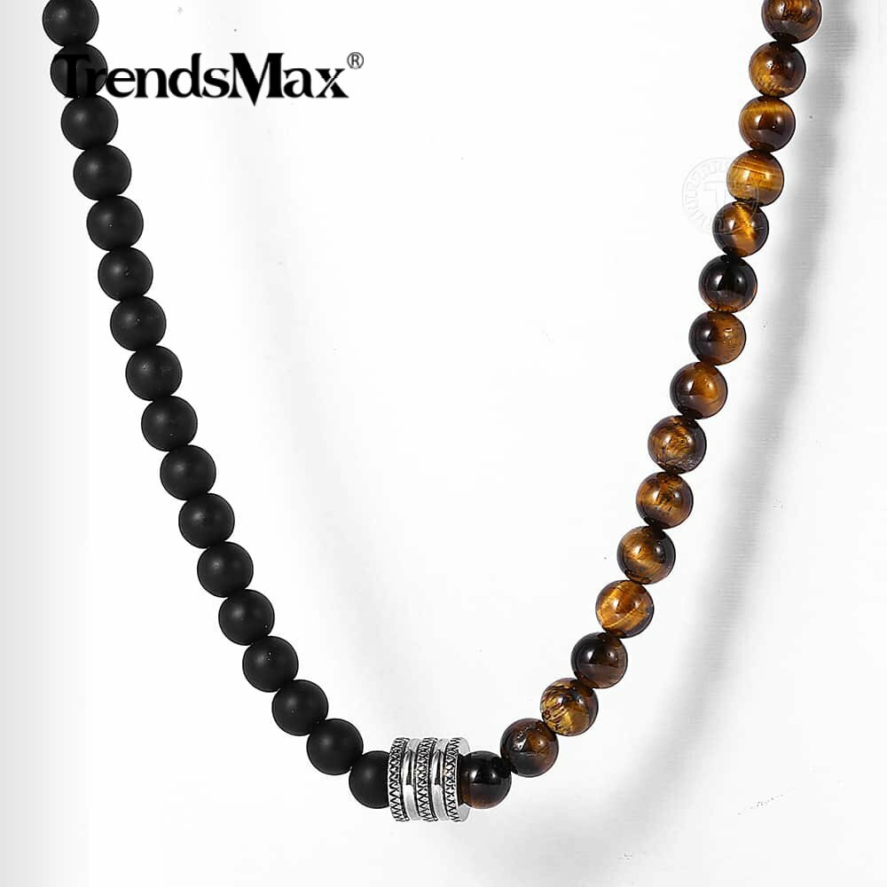Natural Tiger Eyes Jasper Beaded Necklace for Unisex Stainless Steel Charm Xmas