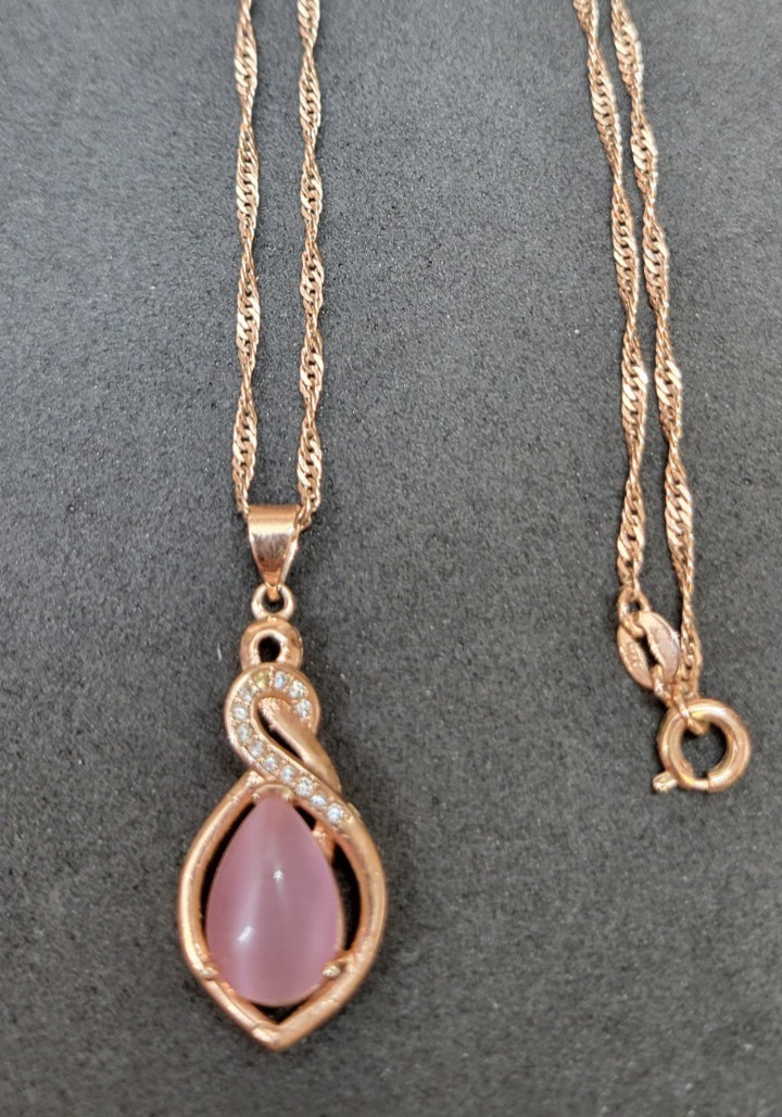 Aloha Moni Pink Opal Pendant and Cubic Zirconia Necklace and pink gold Chain 925