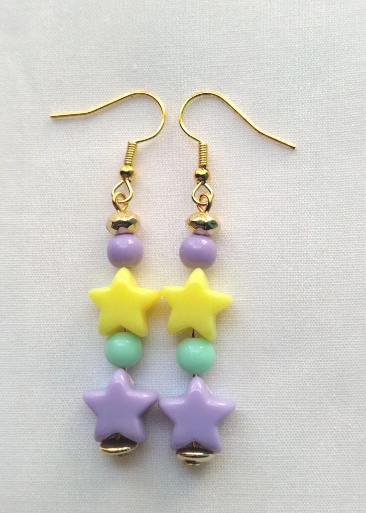 Handmade Purple and Yellow Star Bead Drop Stick Earrings Gold Tone Celestial