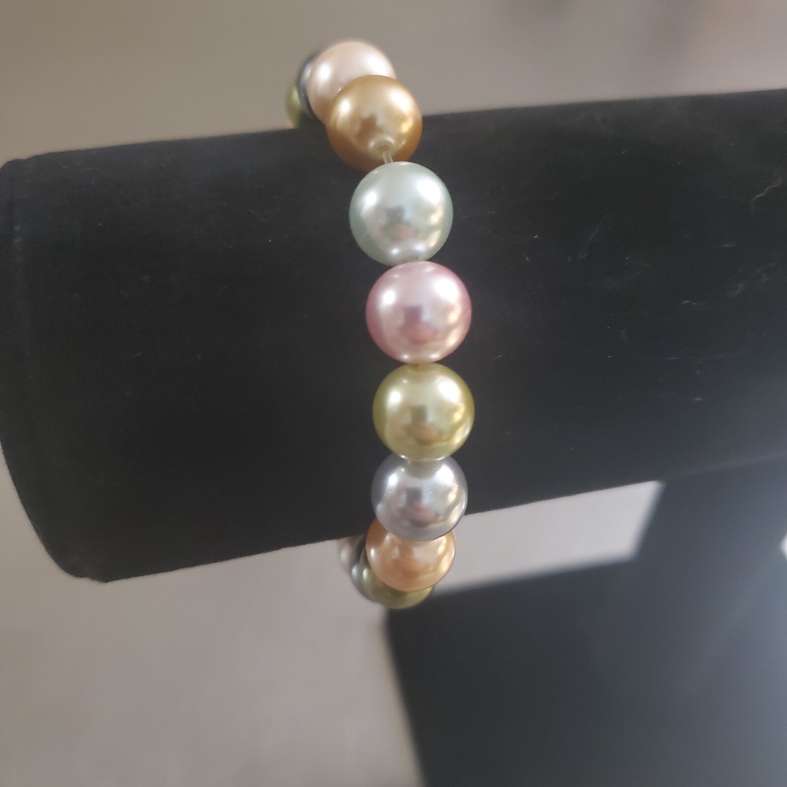 Vintage Bracelet Faux Pearl Multicolor Beaded Round Blue Green Pink Copper 6.75″