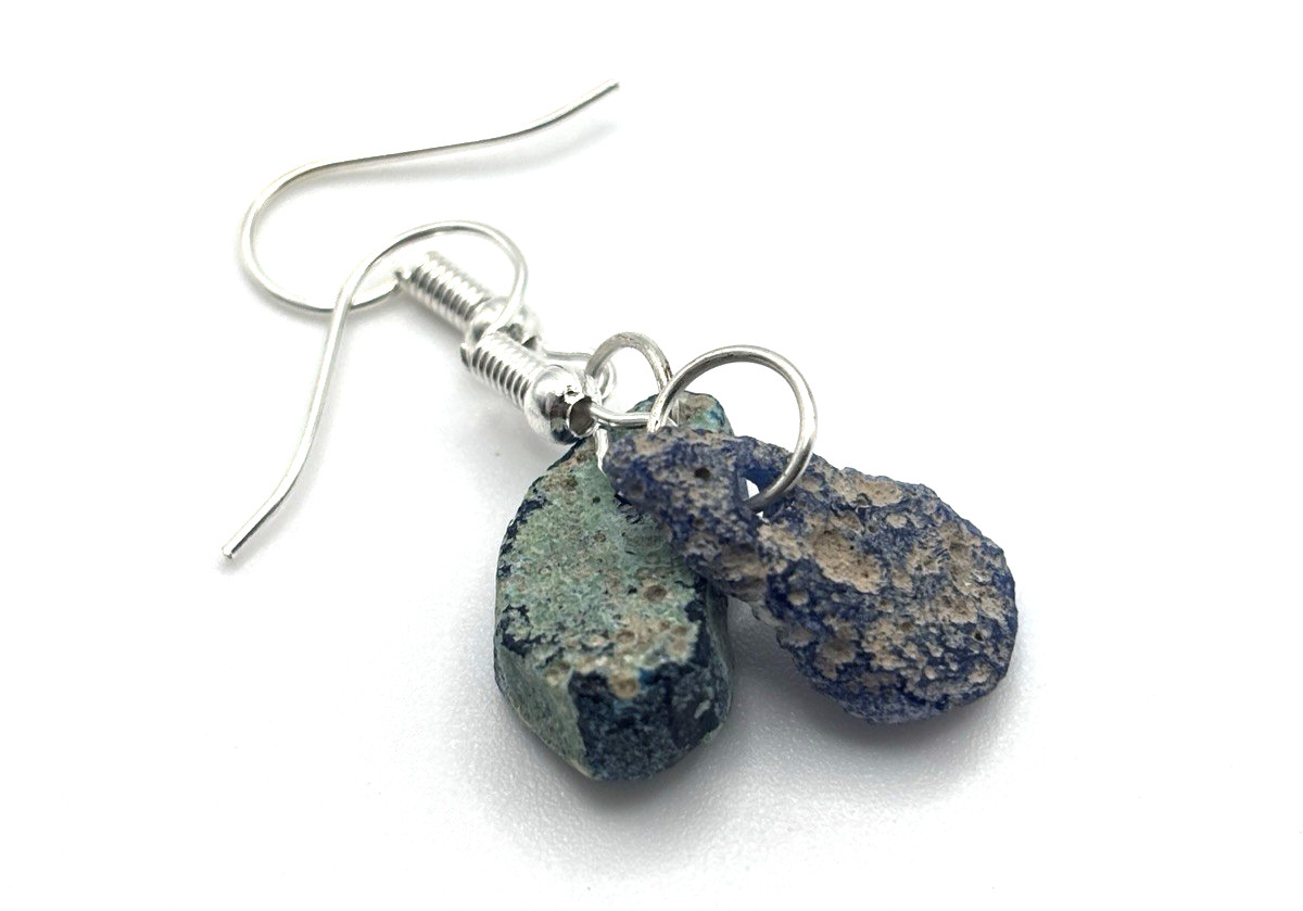 Ancient-Style Rustic Glass Earrings | Raw Blue-Green Shard Drops 2.69g