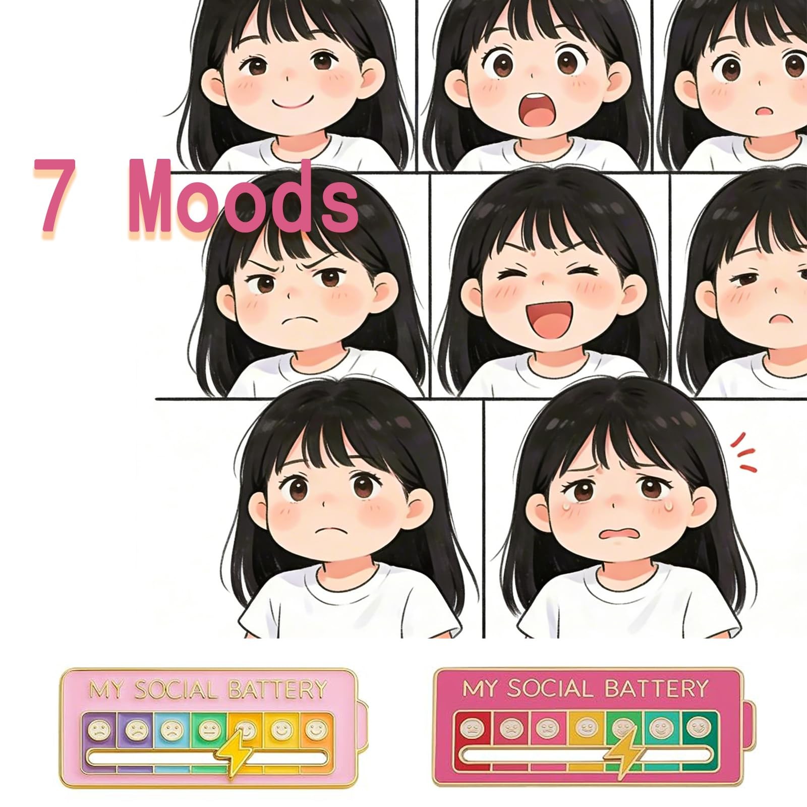 2Pcs Social Battery Slider Pin,Funny Interactive Brooch Enamel Pins for 7 Day…