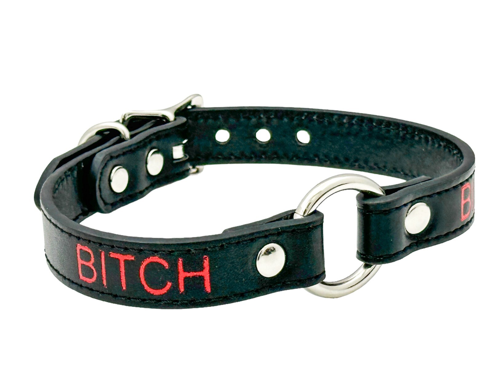 Name SILVER Ring RED Choker BDSM Collar Vegan Leather Necklace O Ring Fetish