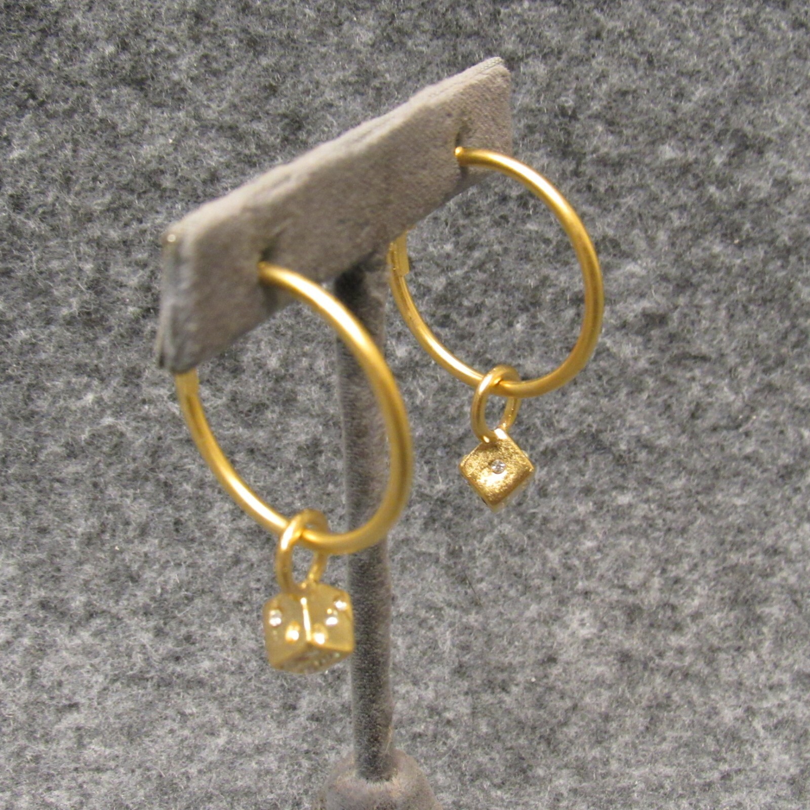 Satin Gold Finish Hoop Earrings w/ 6 Sided Lucky Dice Rhinestone Charm NEW