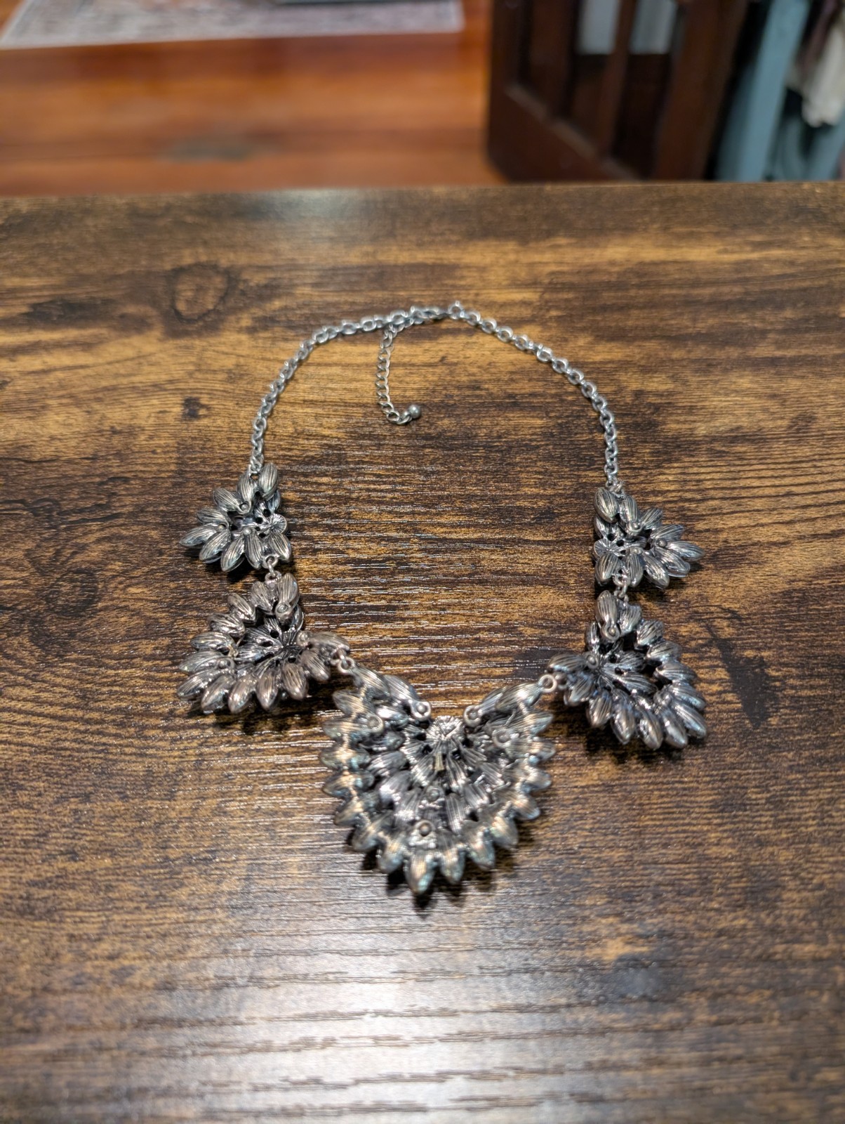 Navy Blue Crystal Marquise Flower 5 Cluster Statement Necklace Silver Tone