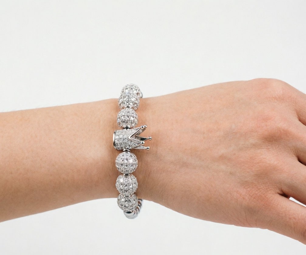 Micro Pave CZ Crown Bead Bracelet Adjustable Braided Cord Shiny Silver Wrist Jew