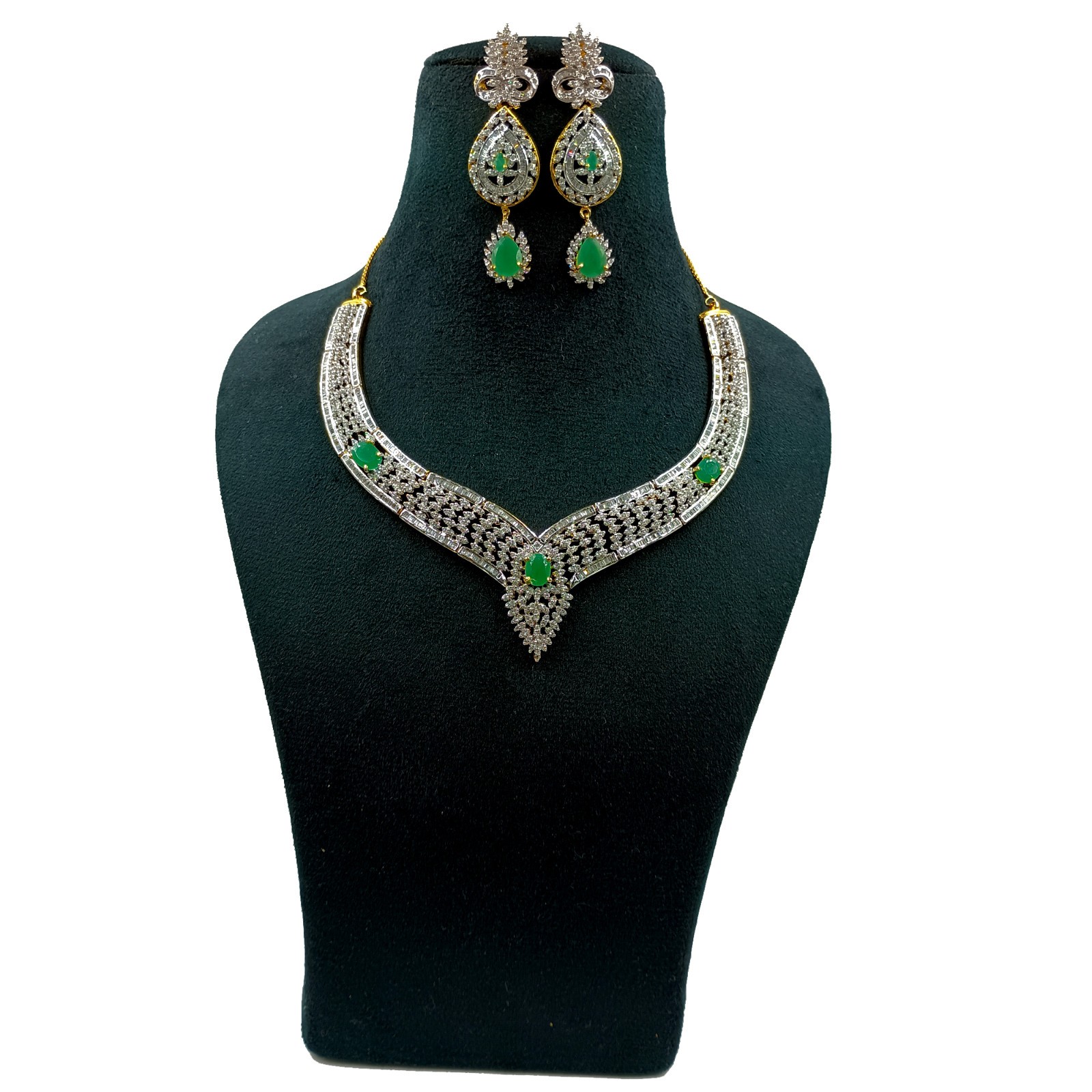Emerald CZ Diamond Choker Necklace Set 22k Gold Plated South Indian Handmade