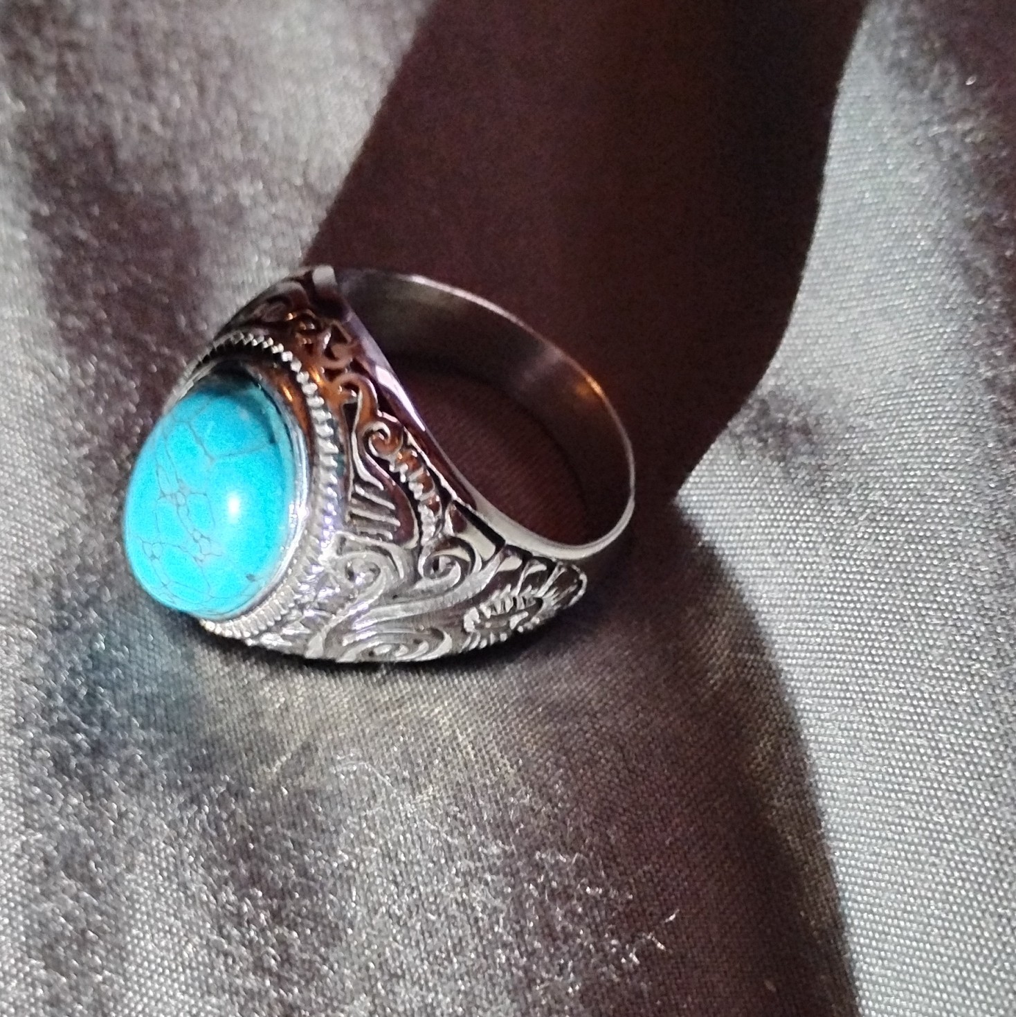 Outlaws Amsterdam Silver Tone Bezel Band Ring Size 10 Oval Blue Turquoise Stone