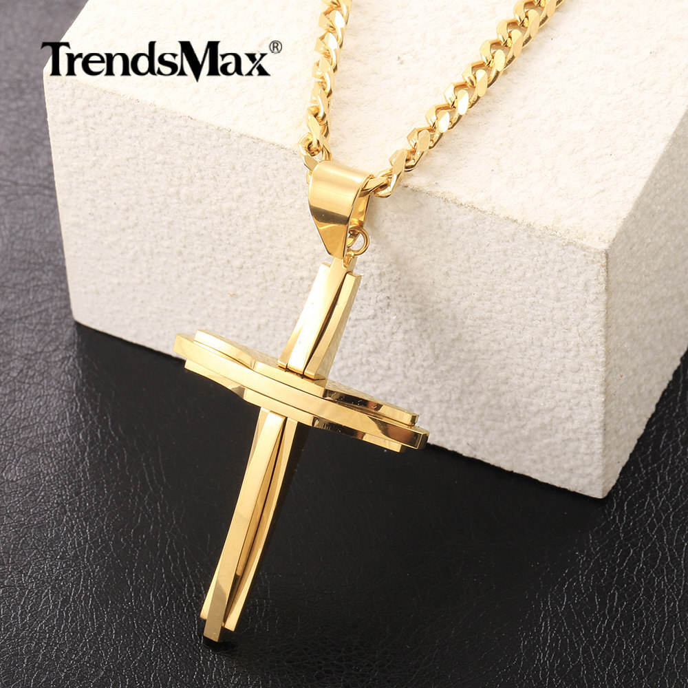 Mens Gold Plated Stainless Steel Cross Pendant Necklace 18-30″ Cuban Curb Chain