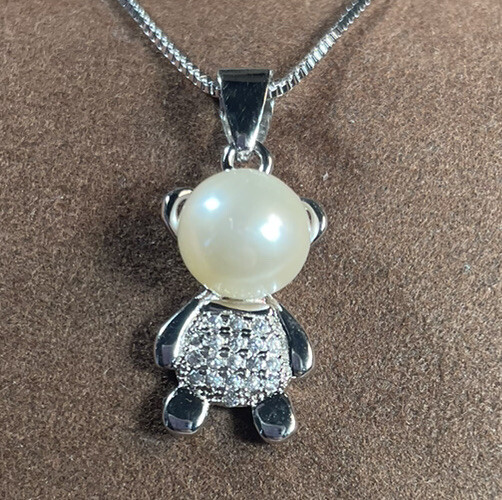 Teddy Bear Necklace Pendant Marked S925 Cream Pearl Crystal Rhinestones Silver