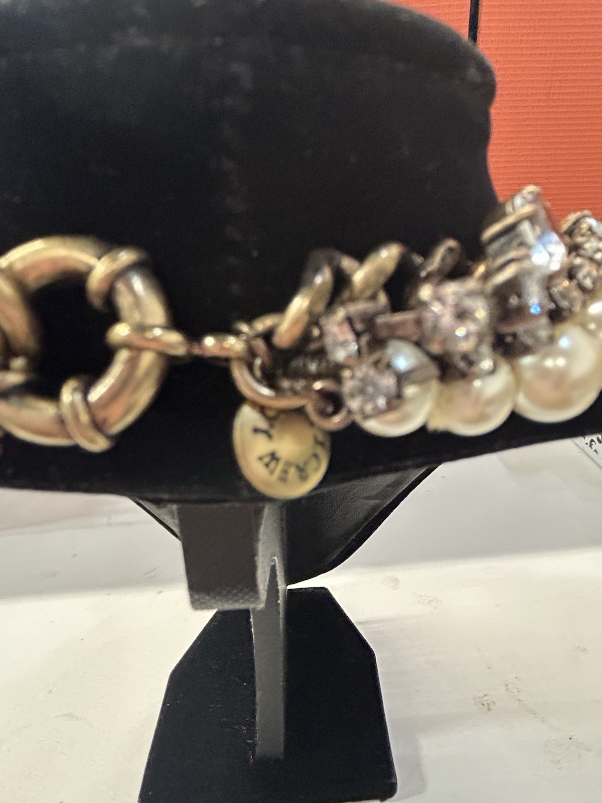 J.CREW Signed multi strand faux pearl crystal statement gold tone necklace
