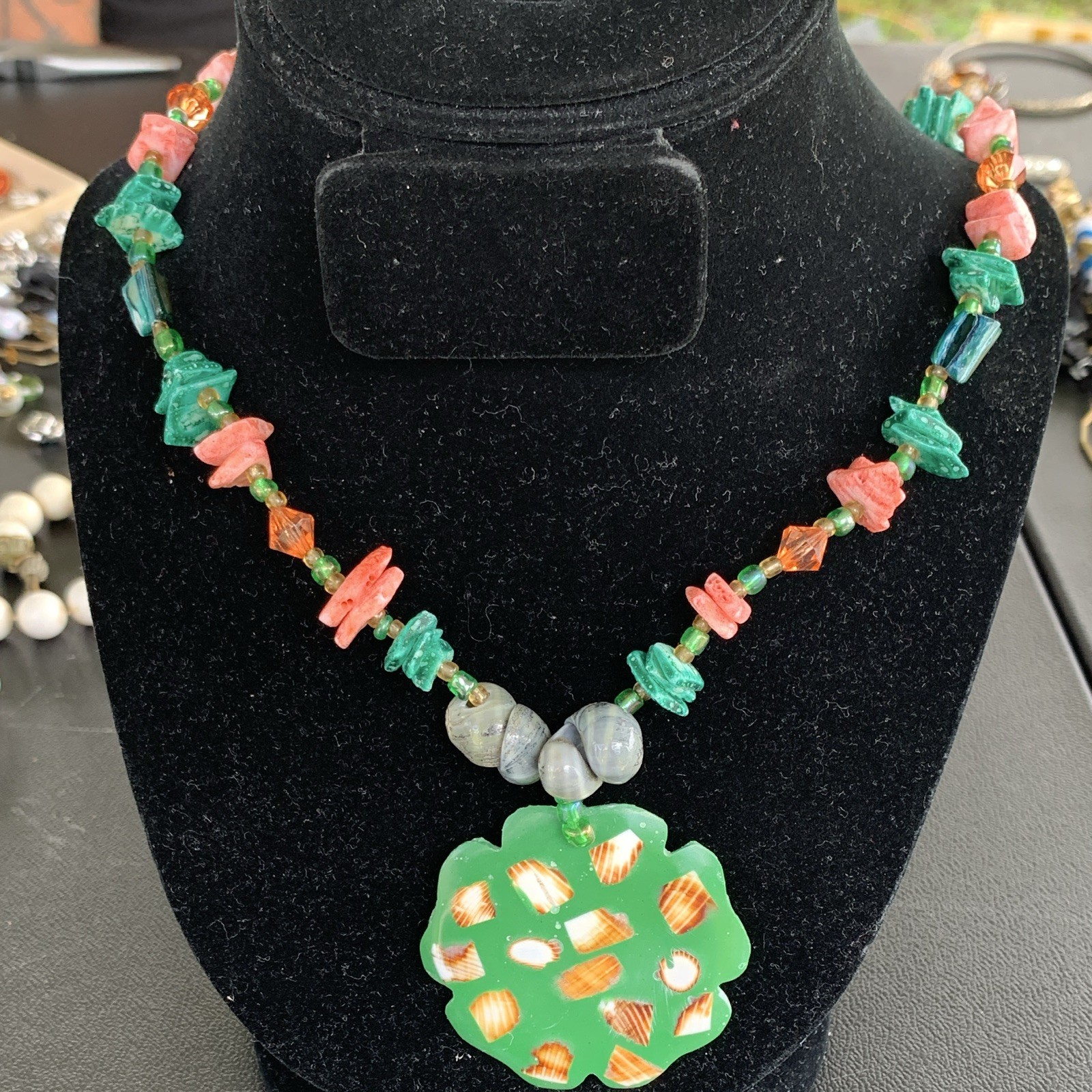 Green & Pink Glass Stone Beaded Necklace Flower Charm Pendant White Accents