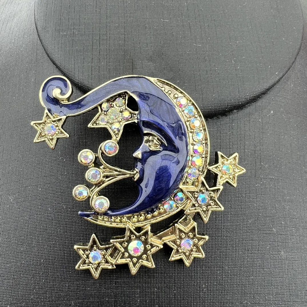 Vintage Dreamy Cute Blue Enamel Star Moon Brooch Luxury Jewelry Unisex Badges