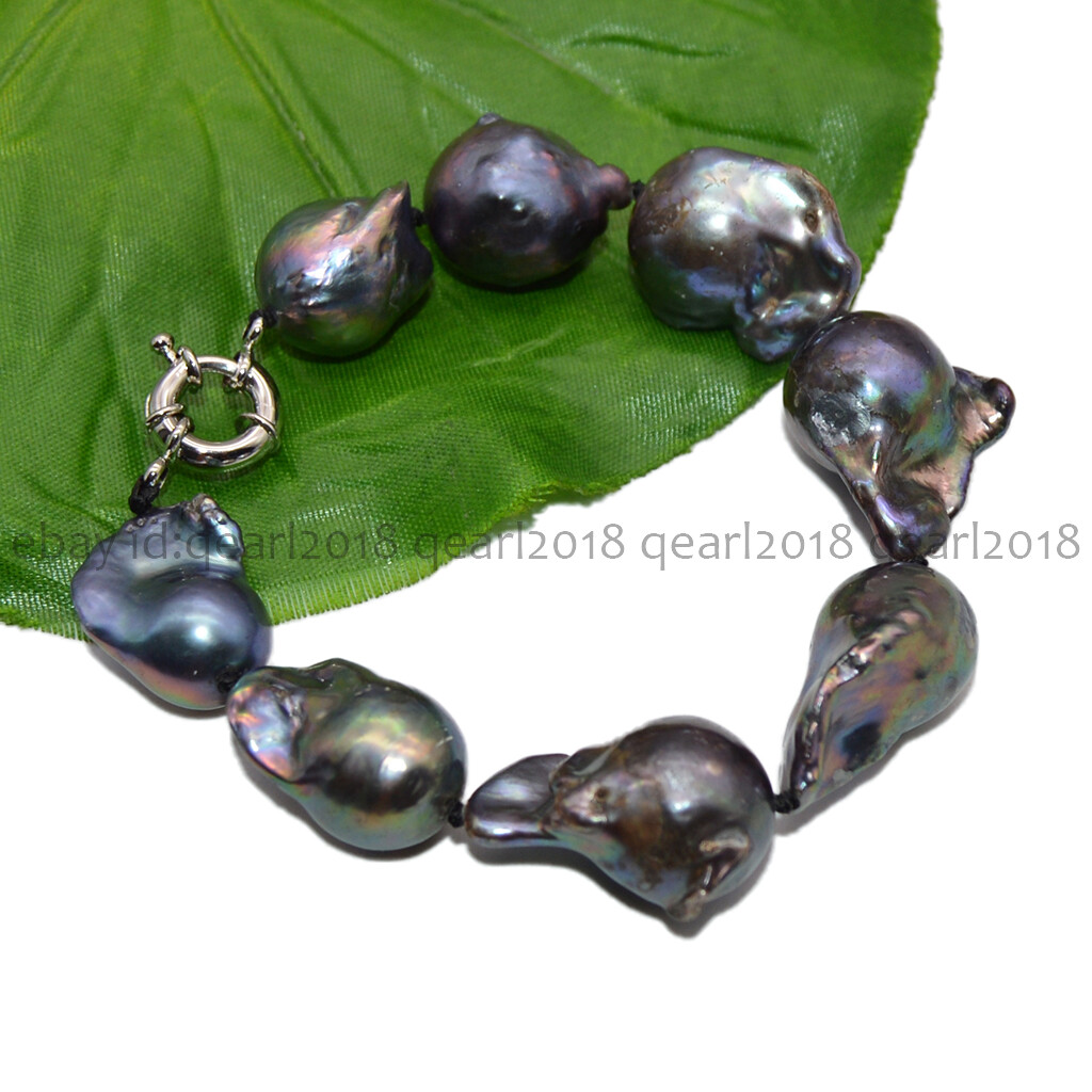 Huge 15-35mm Real Natural Black South Sea Baroque Pearl Jewelry Bracelet 7.5”