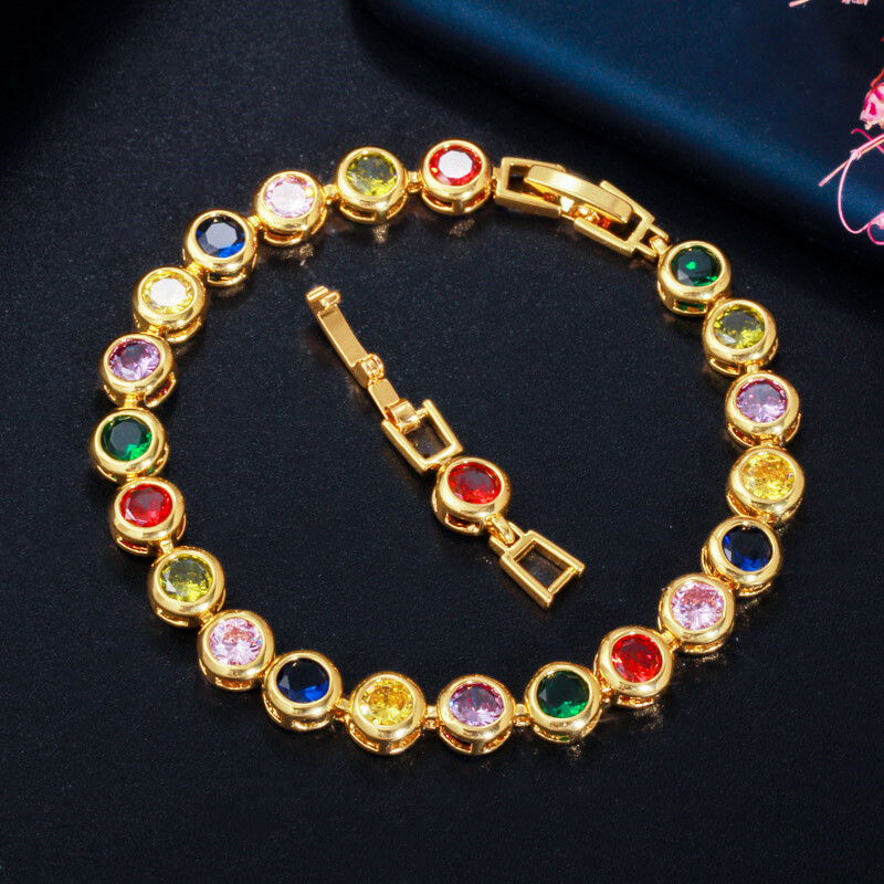 Gorgeous Gold Plated Colorful Round Cubic Zirconia Tennis Bracelet Women Jewelry