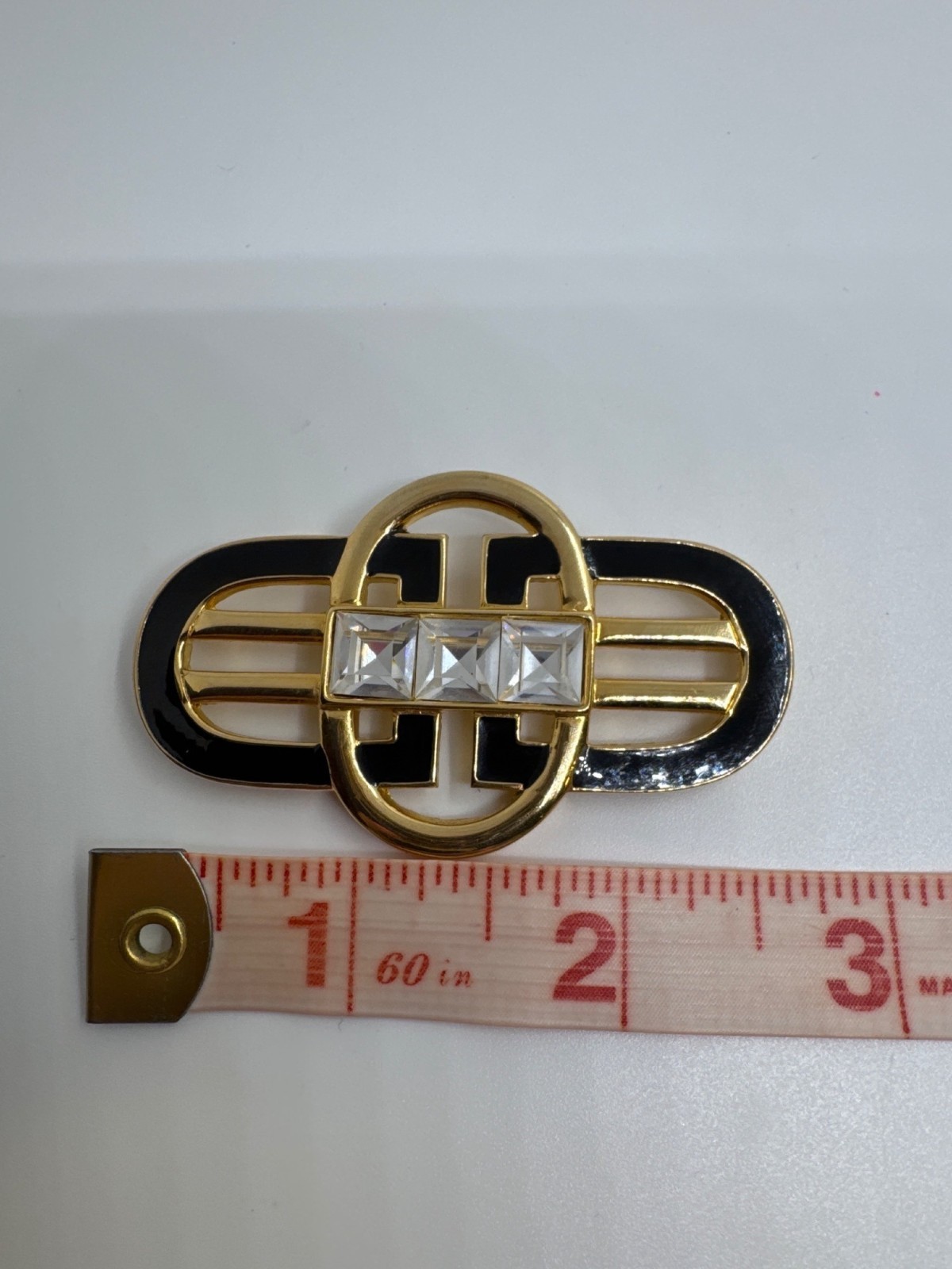 Swarovski Crystal Art Deco Brooch Black Enamel Gold Tone Signed Swan Pin