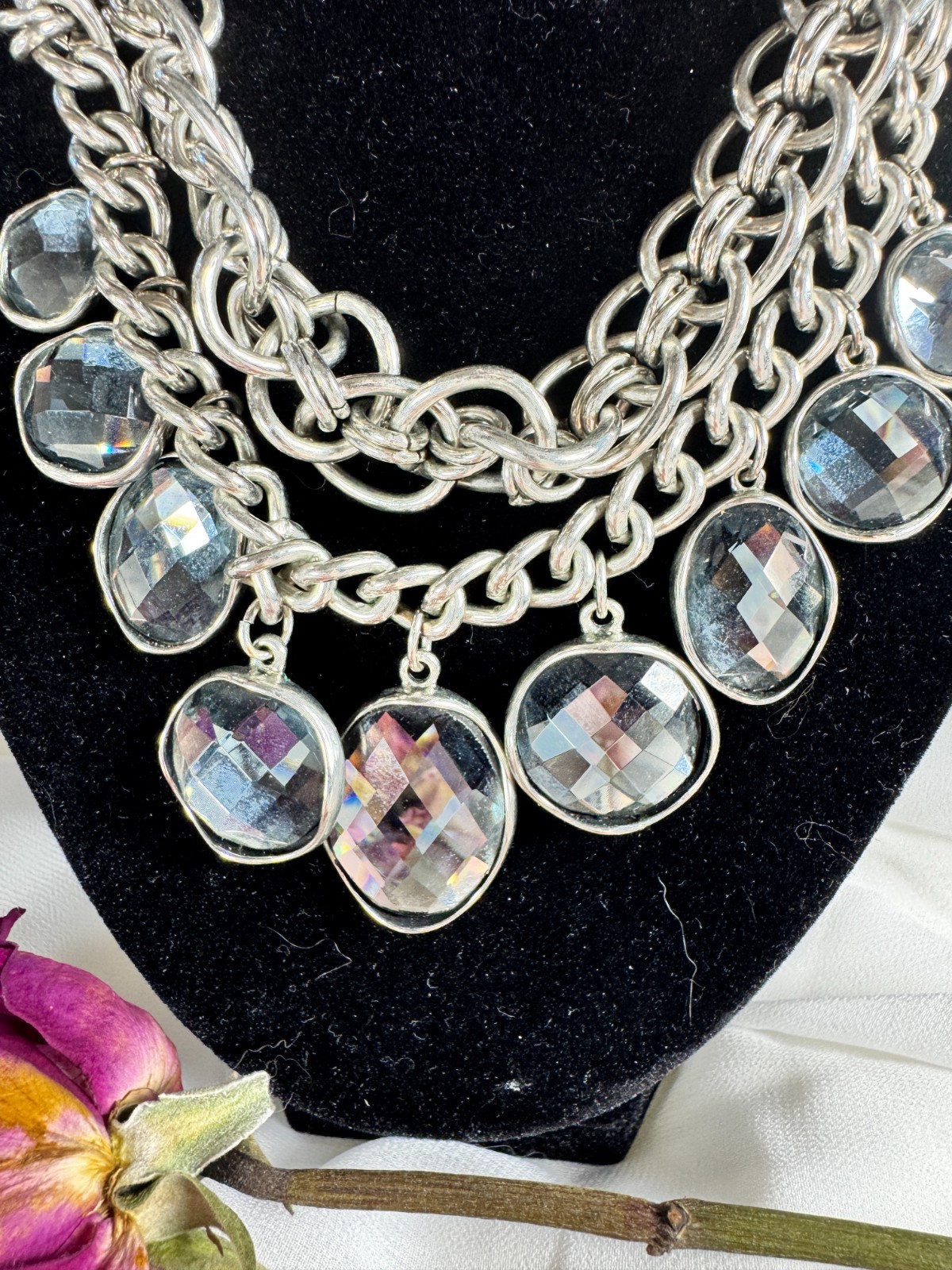 Chunky Silver Tone Chain Necklace Faceted Gray Glass Crystal Statement Bib Neckl
