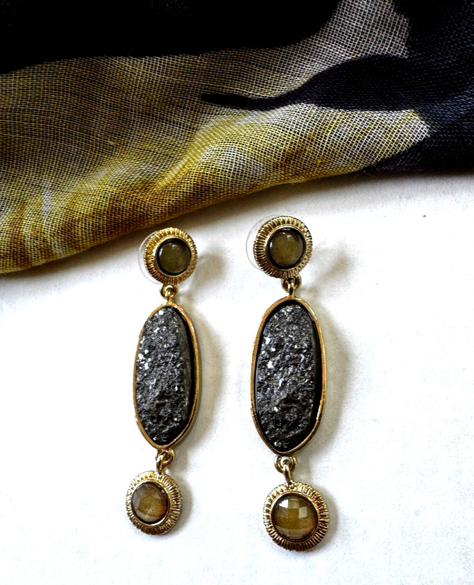 Dana Buchman Dangle Earrings – Gold-Tone, Gray Druzy, Green & Gold Stones NEW