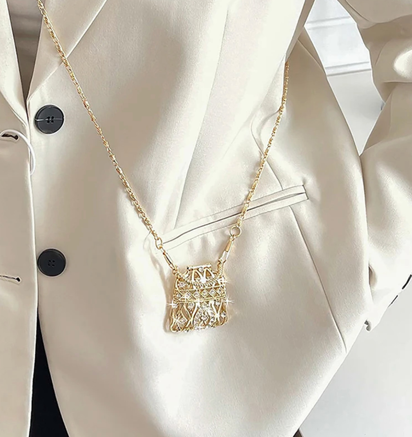 Mini Crystal Purse Pendant Necklace Gold Tone Long Chain Crossbody Handbag Charm