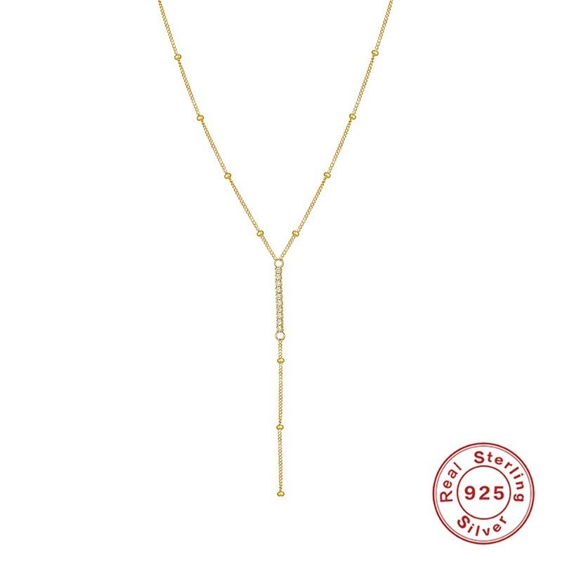 Gold Plated 925 Sterling Silver CZ Beaded Y Lariat Necklace for Women