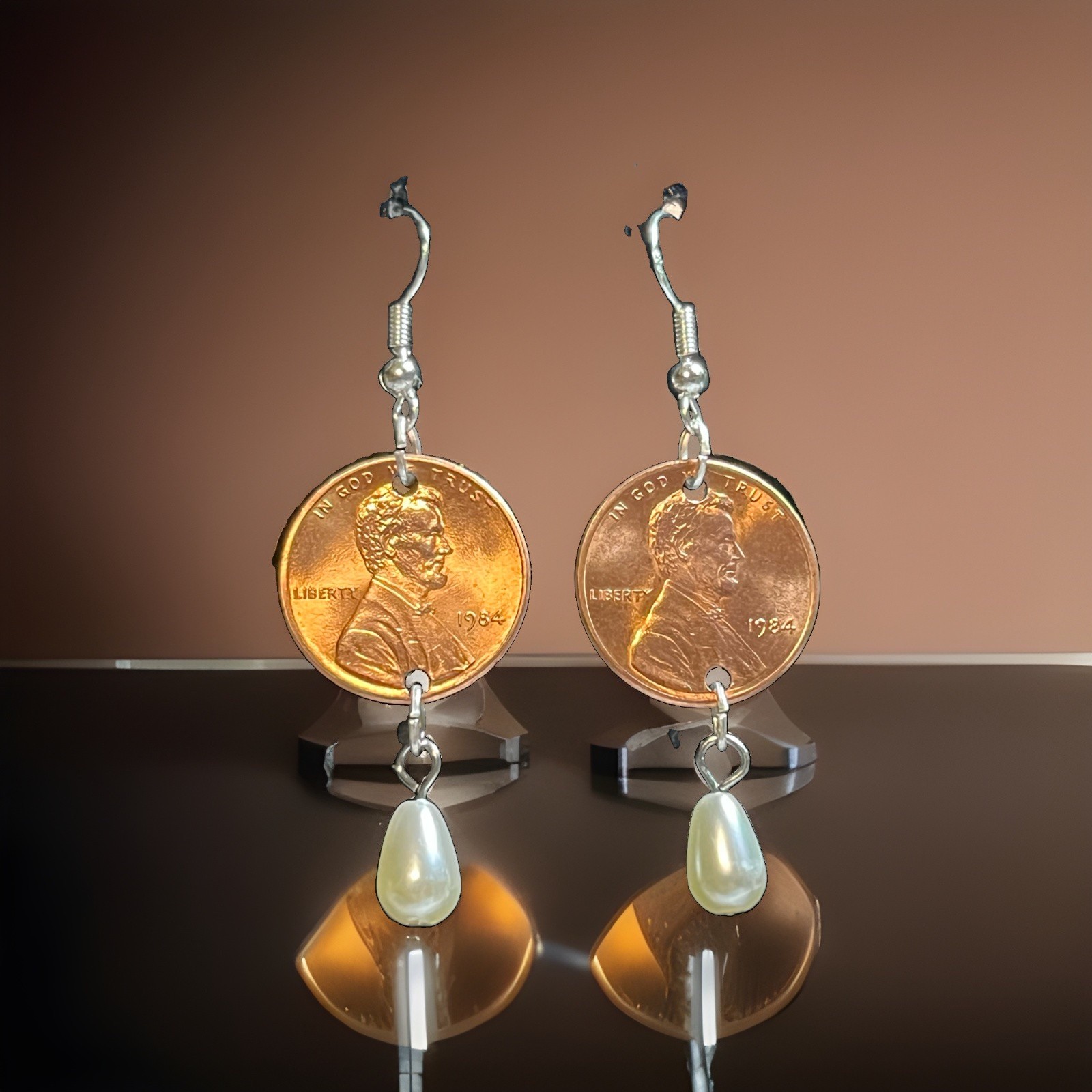2-1984 Lincoln Penny Coin Nickel-Free & White Teardrop Pearl Hook Earrings