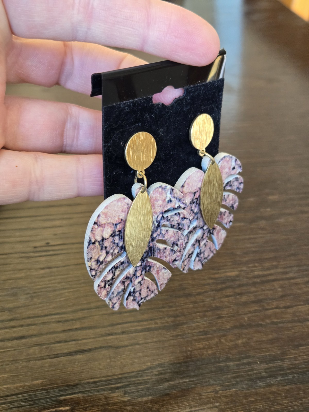 NEW Monstera Leaf Dangle Drop Earrings Gold Accents Pink Gray Laser Cut Wood