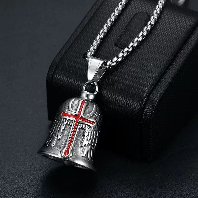 Angel Wings Cross Motorcycle Guardian Gremlin Bell Pendant Necklace Chain 24″