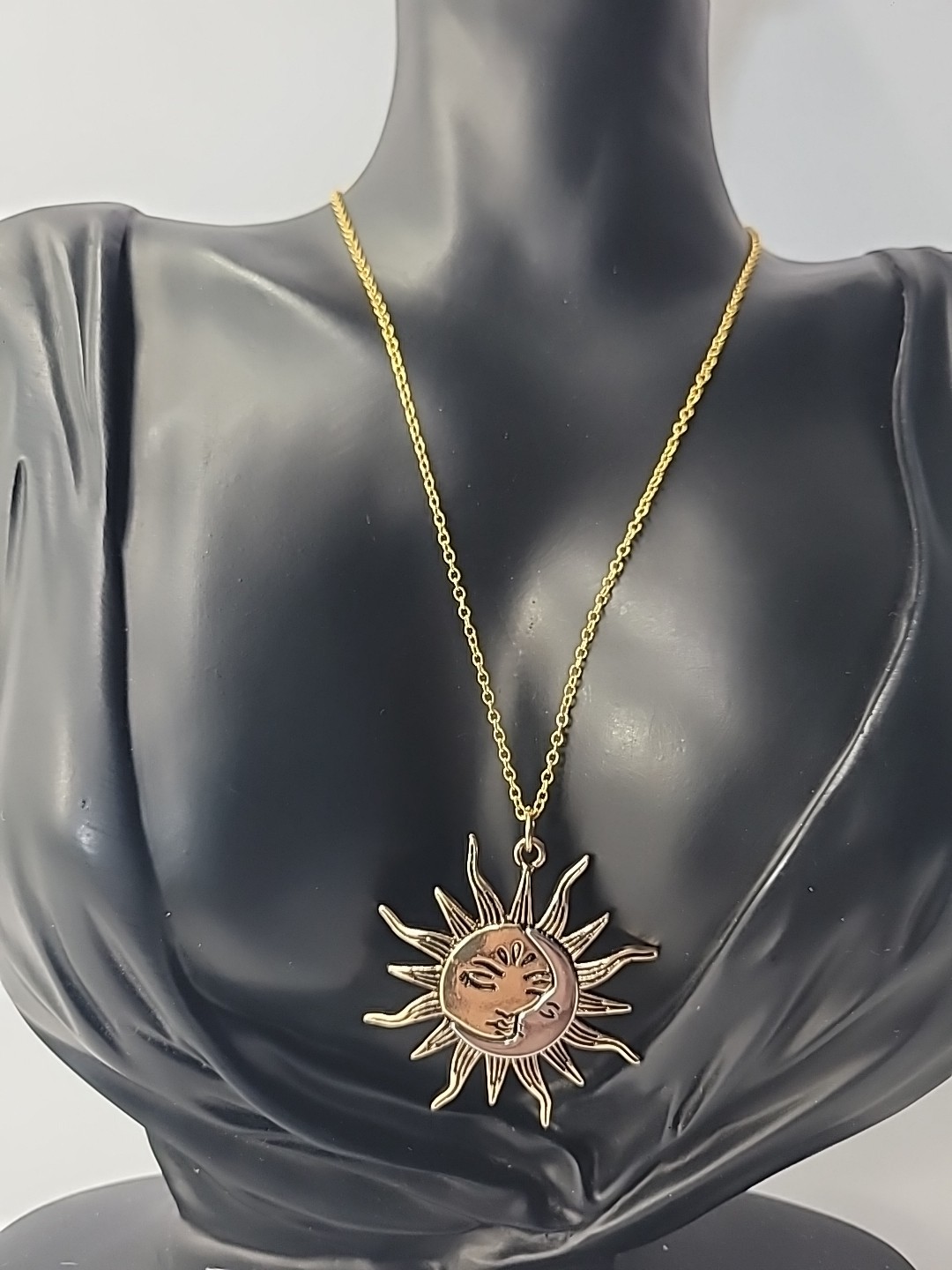 Sun Moon Necklace Gold Tone Celestial Face Pendant Boho Astrology Two Tone