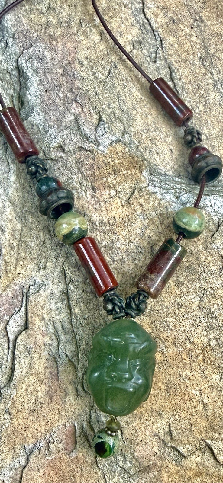 Jade Carved Charm Pendant Beaded Cord Necklace, Green Brown, Jasper Accent