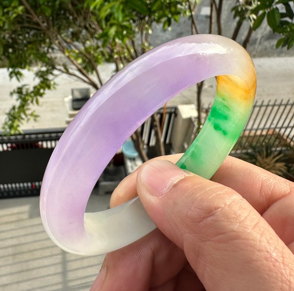 Natural Grade A Jadeite Bangle Tri-Color Green Lavender Yellow Burmese Jade 57mm