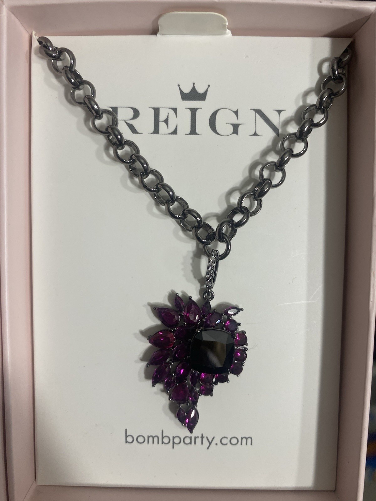 Beautiful Necklace Hematite-plated chain and red cubic zirconia stone Retail 138