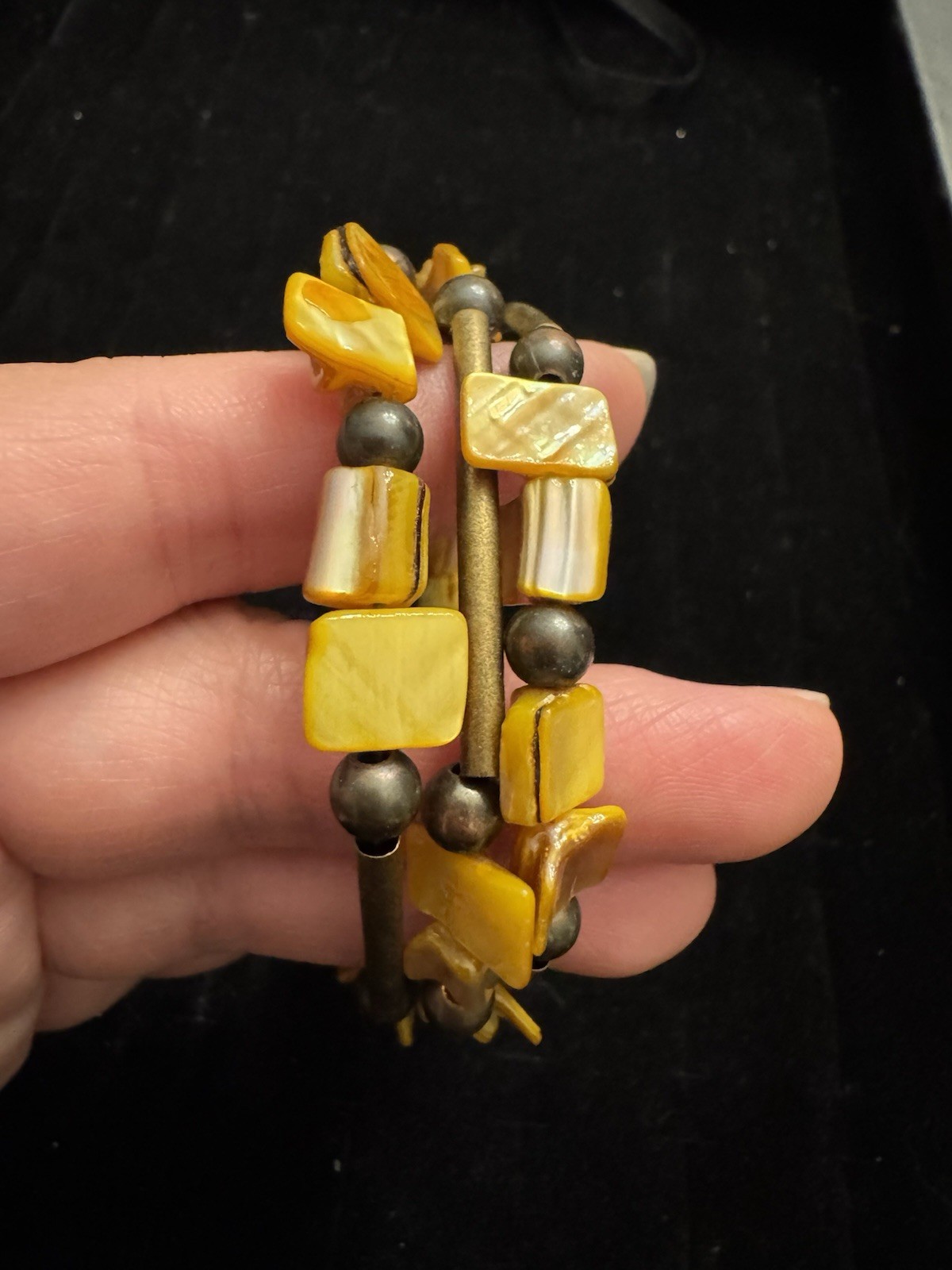 Boho Wrap Bracelet Yellow Tiger Eye Stone Look Antique Brass Beaded Stretch