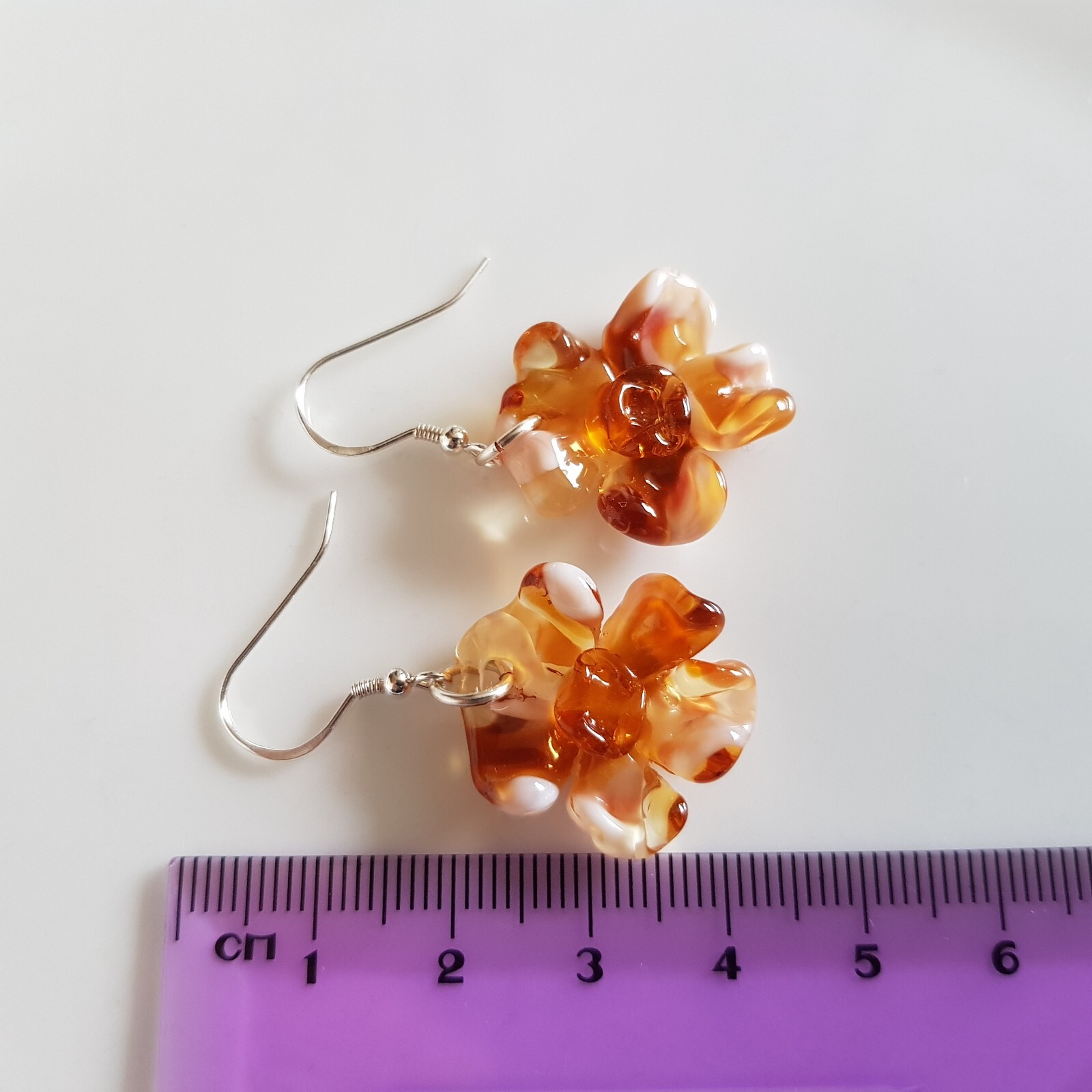 Dangle Drops Earrings Flowers Tea Brown Colors Murano Glass 925 Silver Hooks