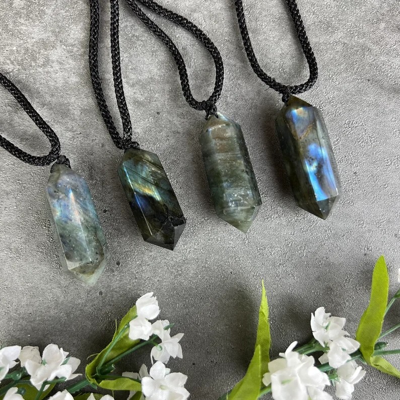 High Flash Labradorite Double Point Pendant Necklace Healing Crystal Gifts