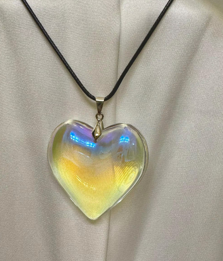 Iridescent Heart Necklace Puffy Heart Pendant Glass Charm Heart Choker Gift