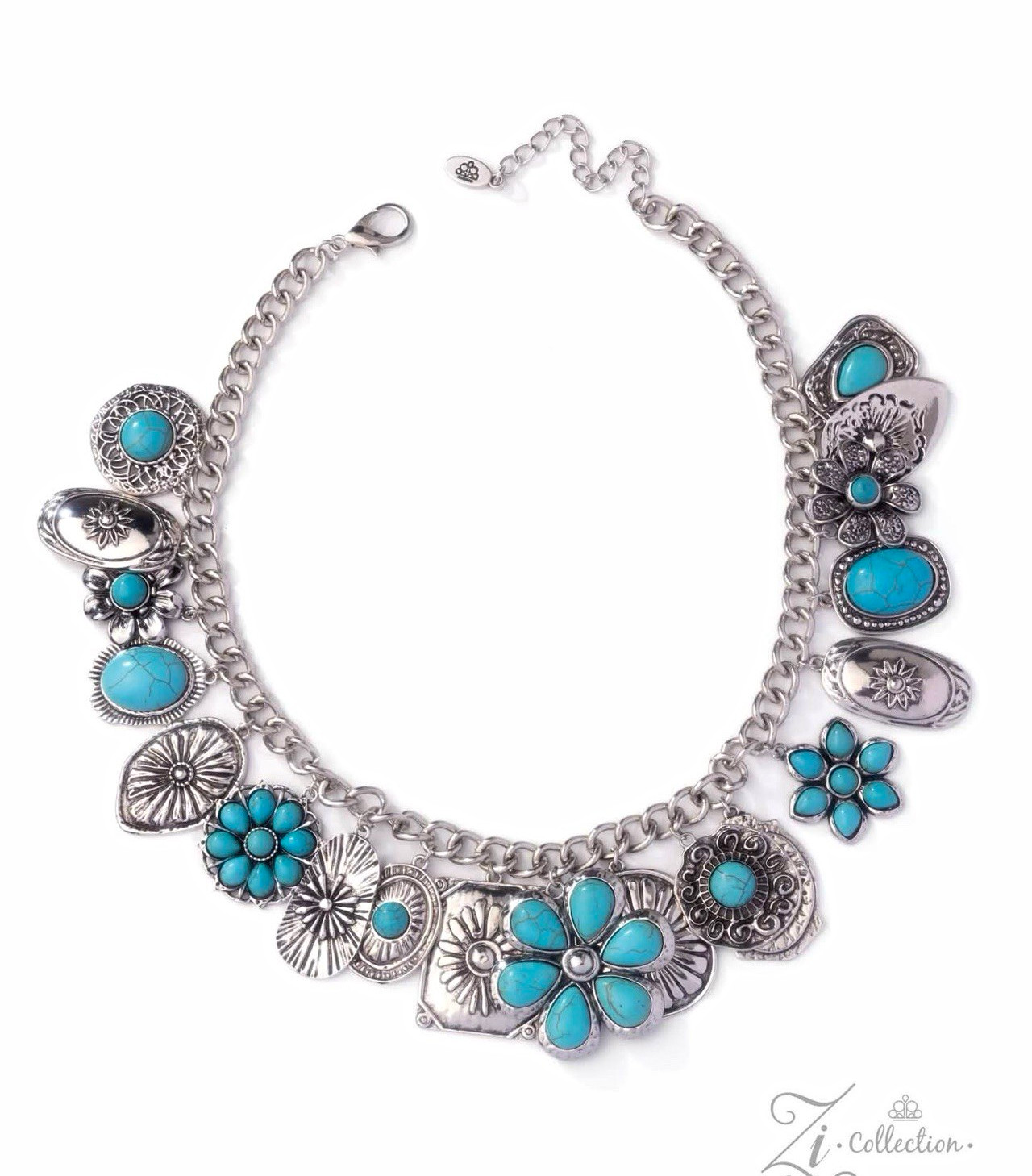 Zi Collection Silver Tone Turquoise Flower Statement Chain Necklace Adjustable