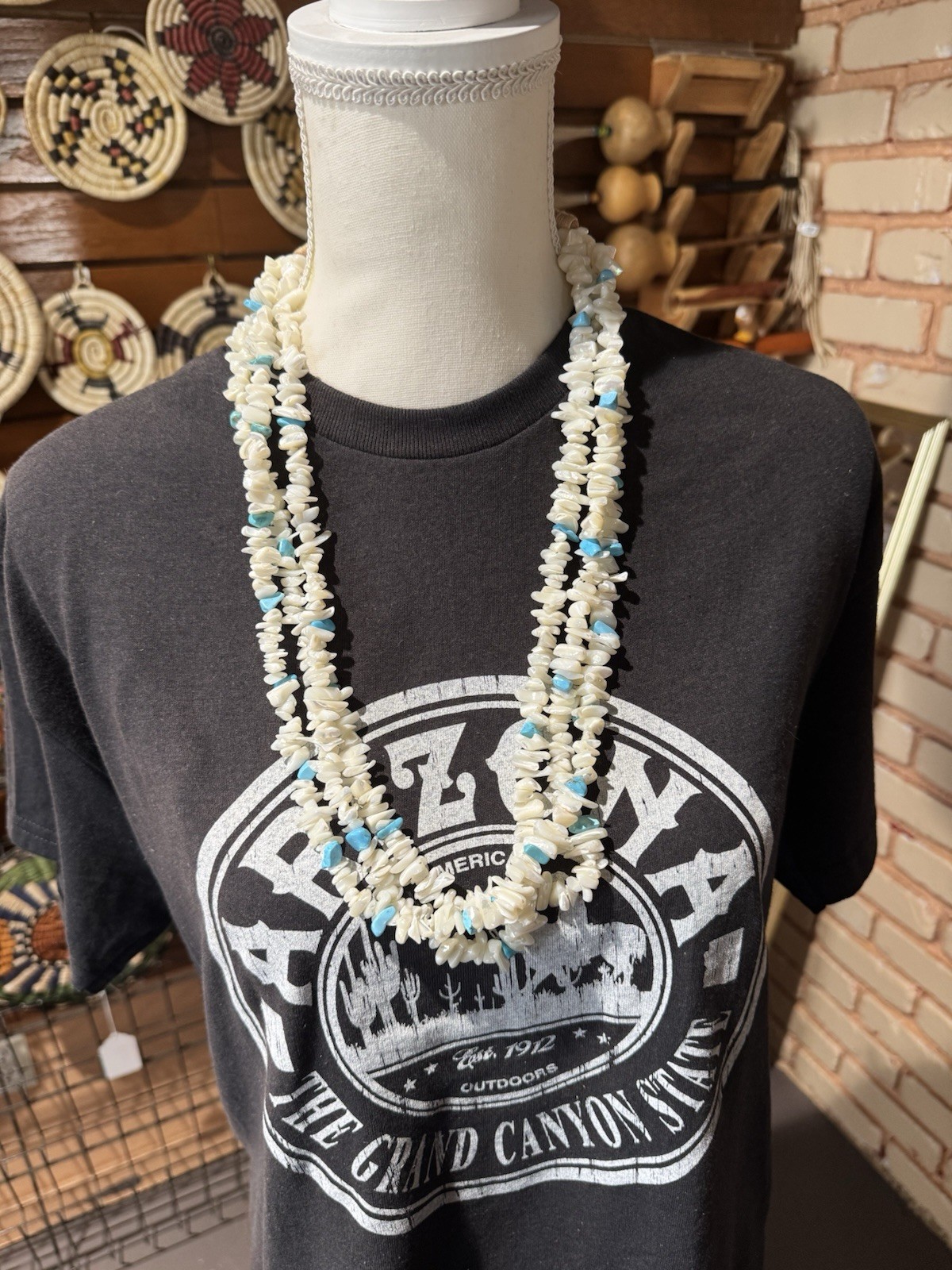 Gary Tsosie Navajo 3 Strand Mother of Pearl Shell & Turquoise Necklace
