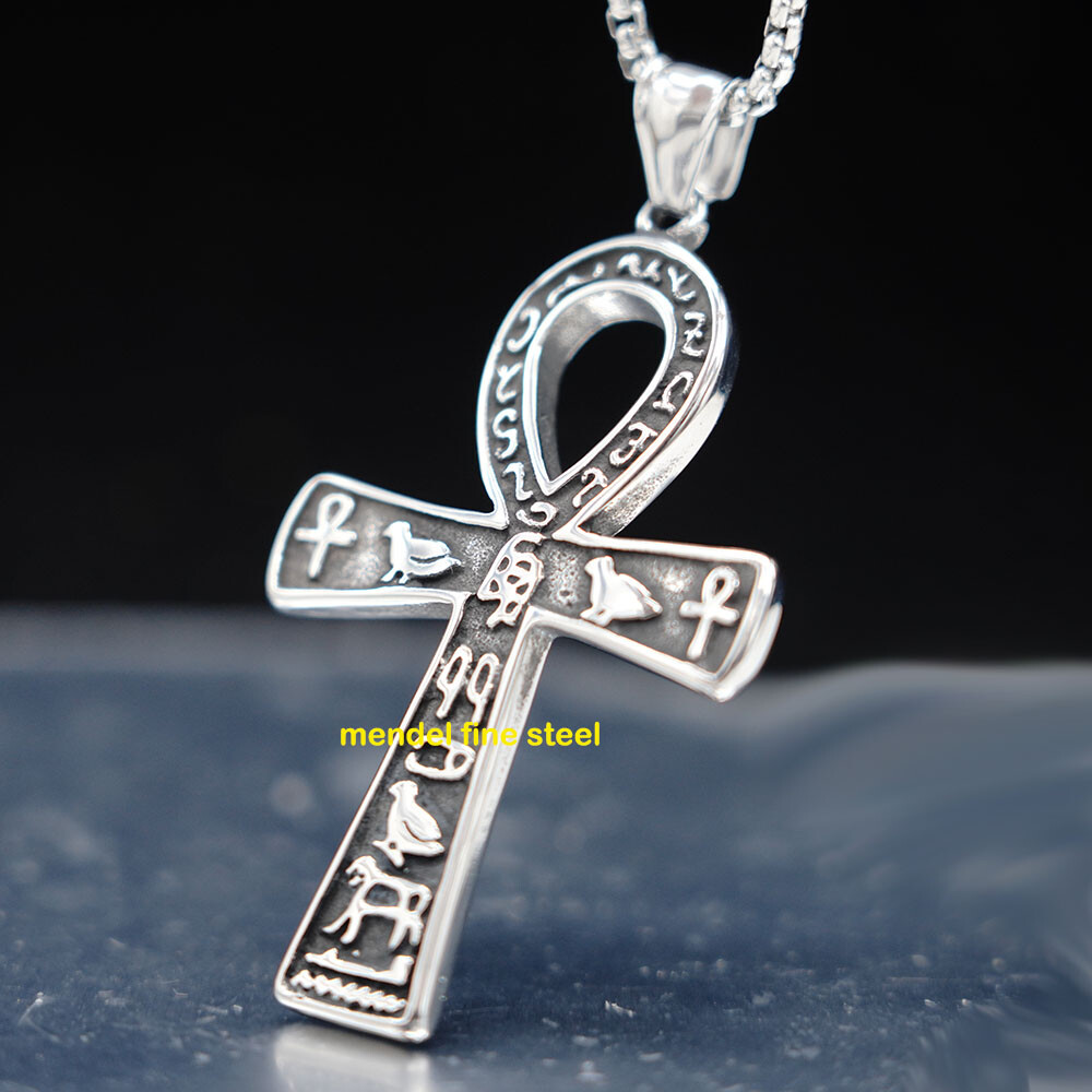 MENDEL Mens Ancient Egyptian Ankh Cross Pendant Necklace Stainless Steel Chain