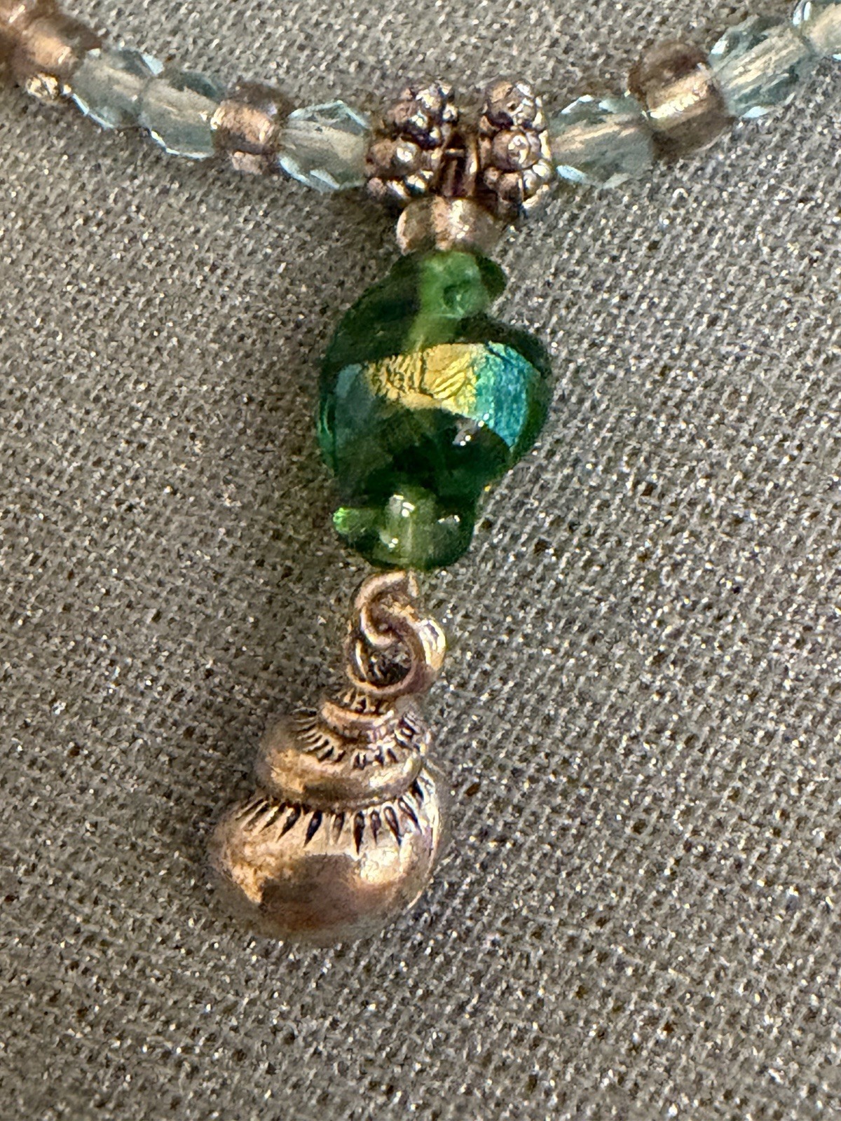 Blue & Green Glass Beaded Ball Chain Necklace w/ Silver Tone Round Charm Pendant