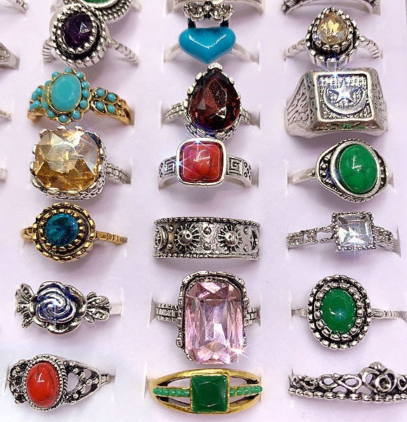 50pcs Bulk Lots Vintage Crystal Stone Mix Plated antique silver Jewelry Ring