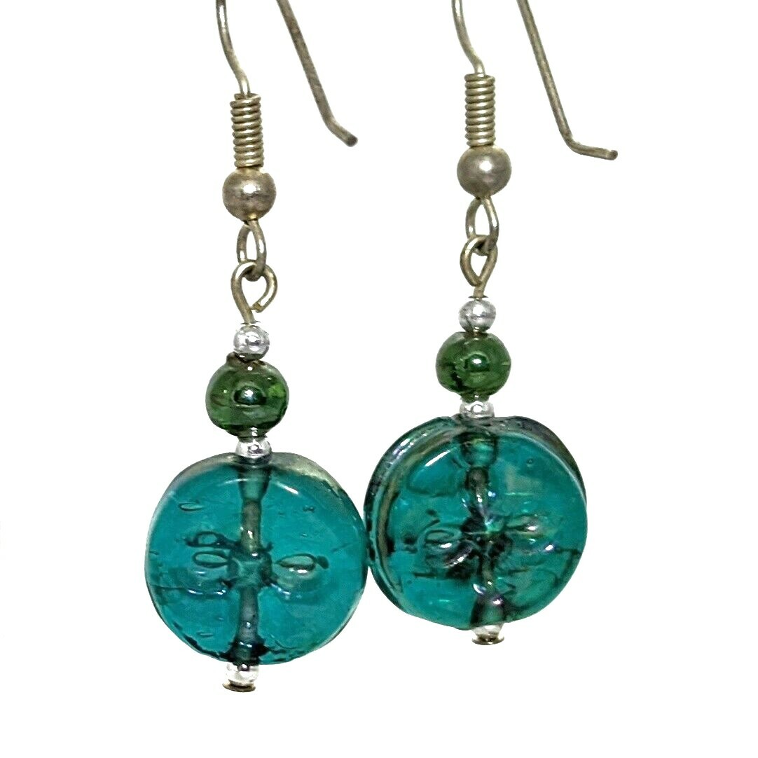 Blue Carnival Art Glass Earrings Small Flat Round Pierced Dangle Hooks