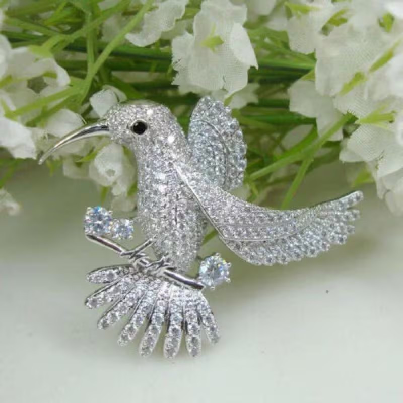 Silver Tone Rhinestone Hummingbird Brooch Pin Crystal Bird Statement Jewelry