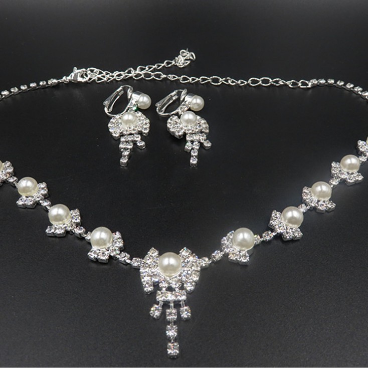 Bridal Wedding Rhinestone Crystal Pearl Necklace Stud Earrings Jewelry Set Party