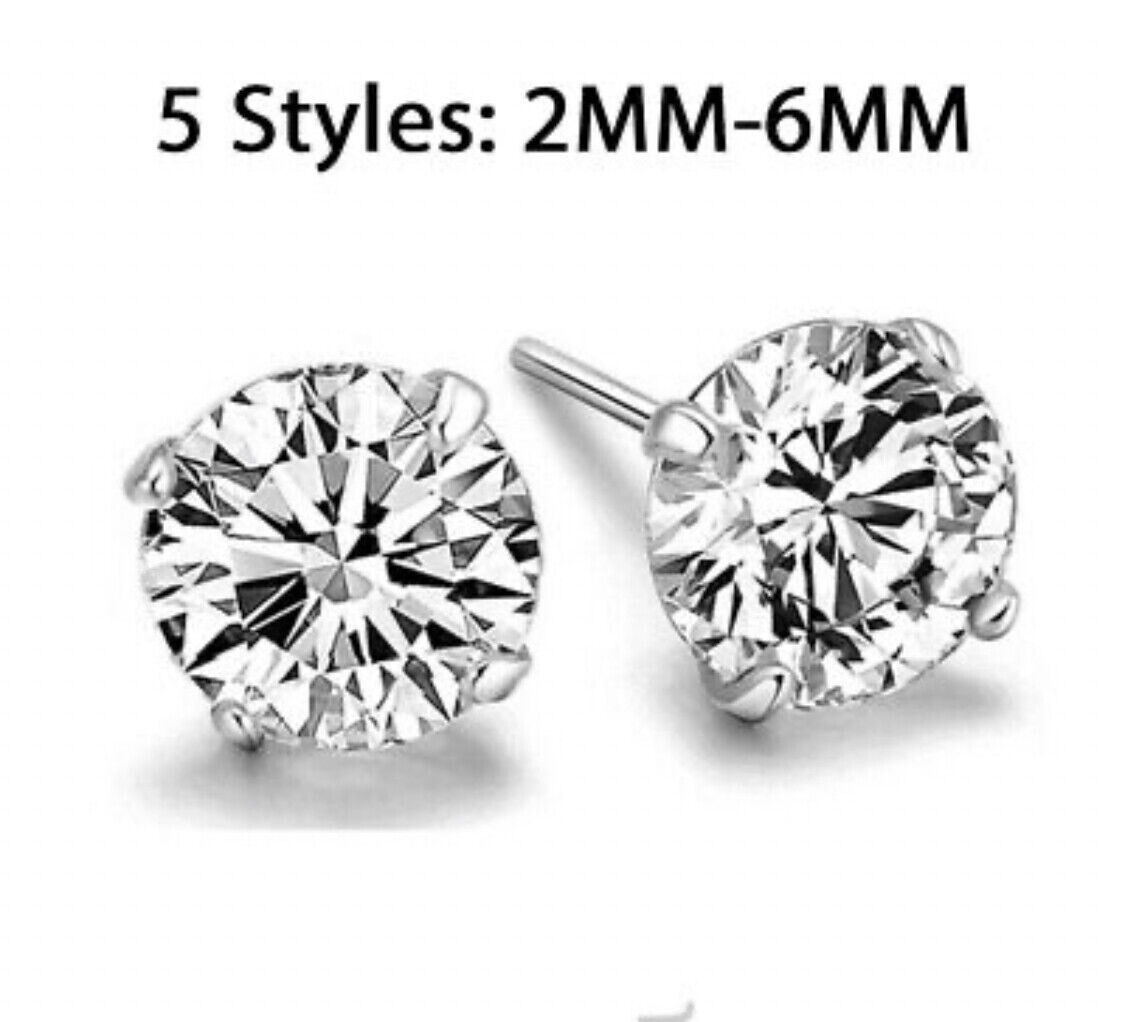 Surgical 316L Stainless Steel Stud Earrings Cubic Zircon Round Men Women 2PC