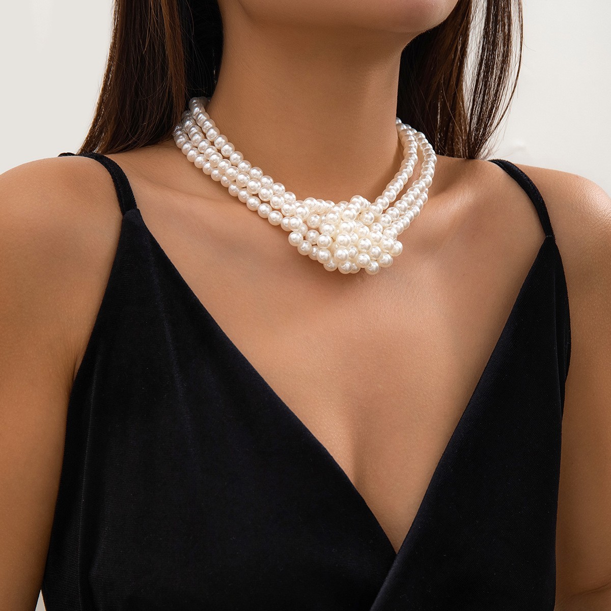 Multi Layer Faux Pearl Twisted Knot Choker Necklace Statement Bridal Elegant