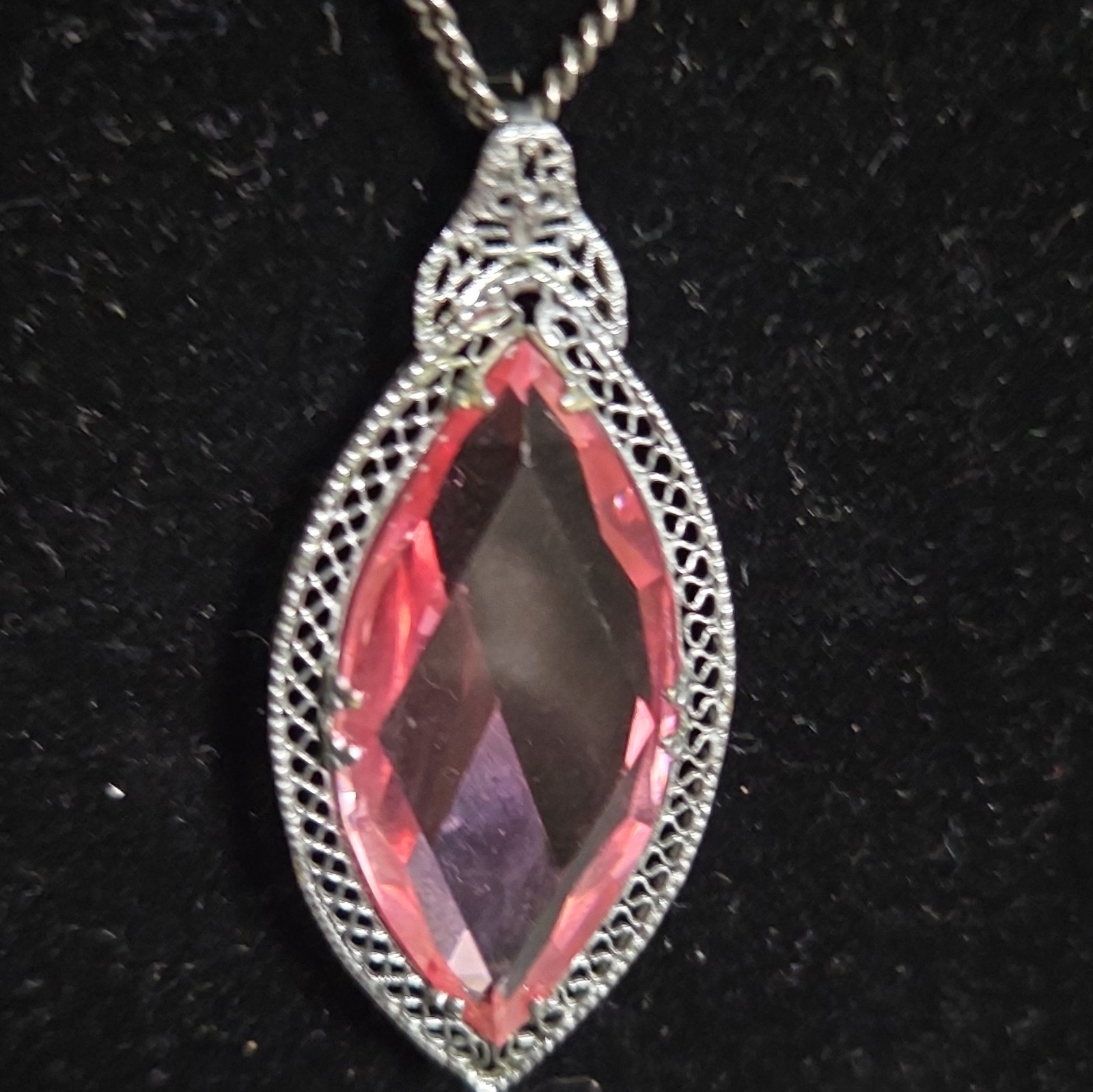 Silver Tone Box Chain Necklace Pink Marquise Crystal Pendant Bezel Lobster