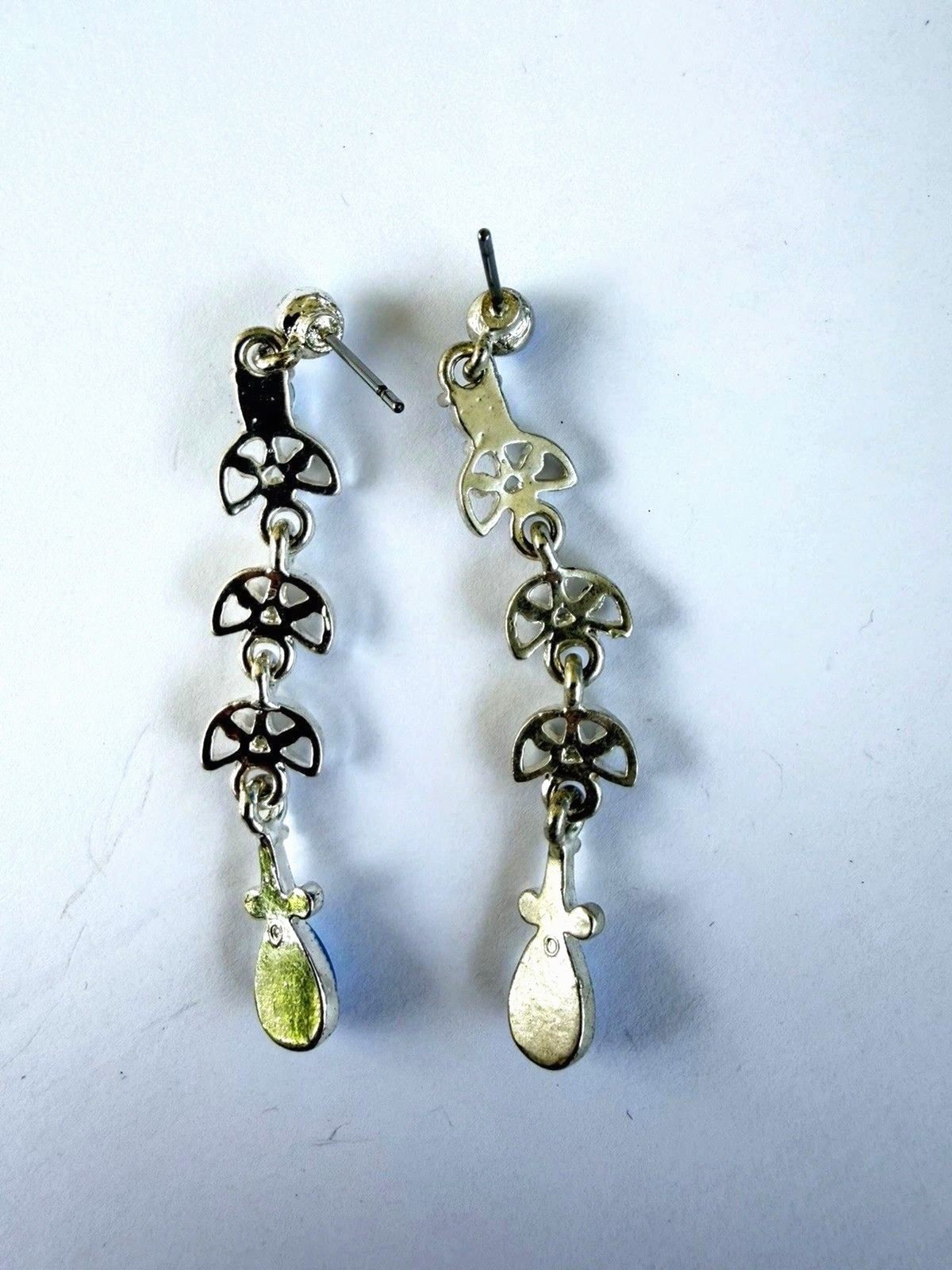 Vintage Blue Crystal Dangle Earrings Silver Tone Filigree Tiered Drop Victorian
