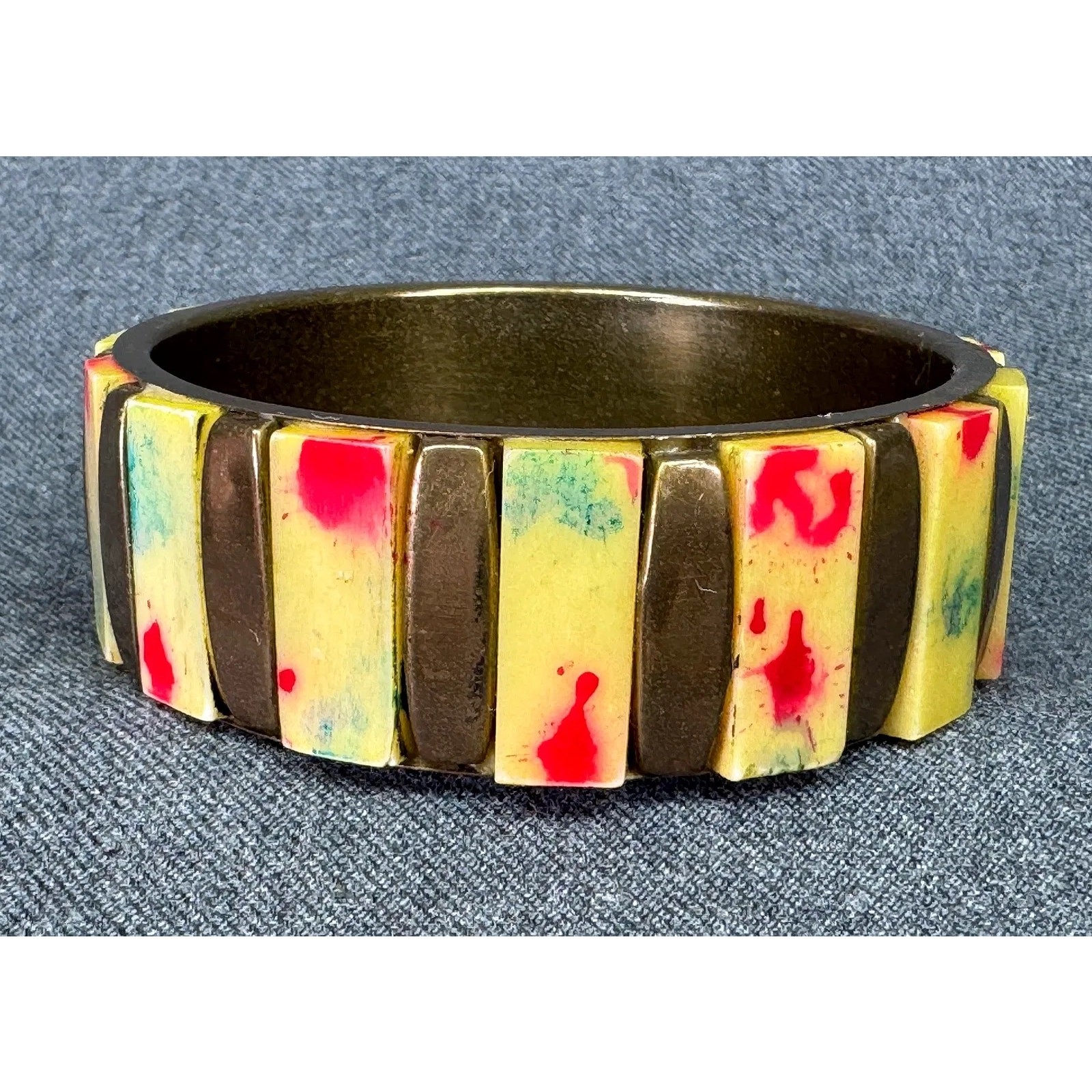 Vintage Color Splatter Splash Painted Bone Inlay Brass Bangle Bracelet