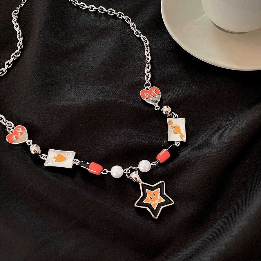 Silver Charm Necklace Star Smile Heart Card Pillar Bead Imitation Pearl Jewelry