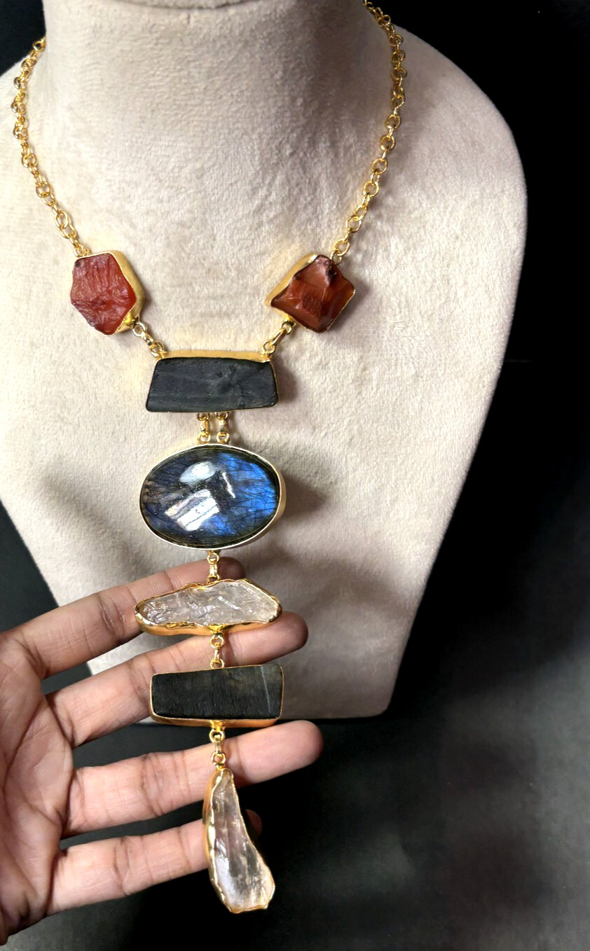 Multi Necklace carnelian Rough Labourdite Rough Necklace Long Jewelry.